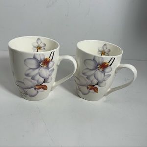 Japanese White Magnolia Floral Tea Coffee 11 oz Cup Mugs Set of 2
